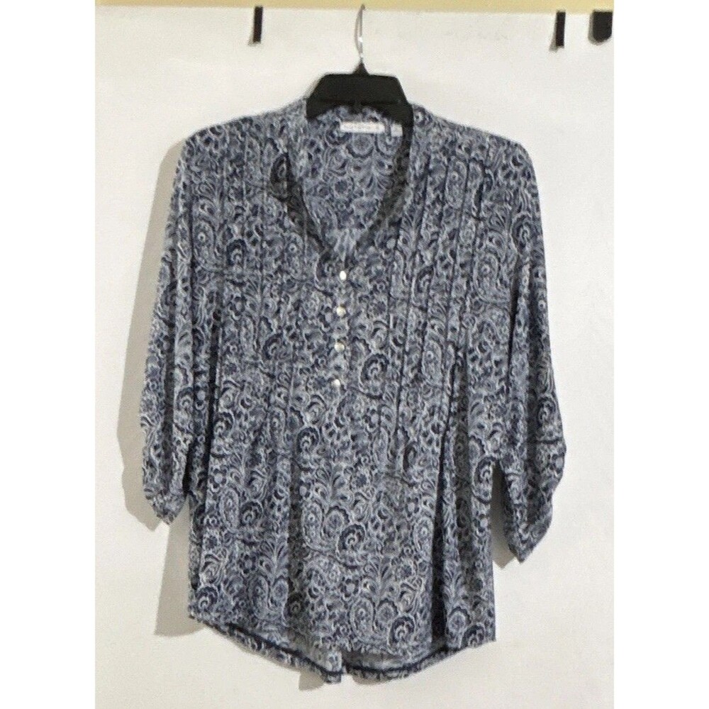 Notations Women’s Blue/White Paisley V-Neck 3/4 Sleeve Button Blouse Size M